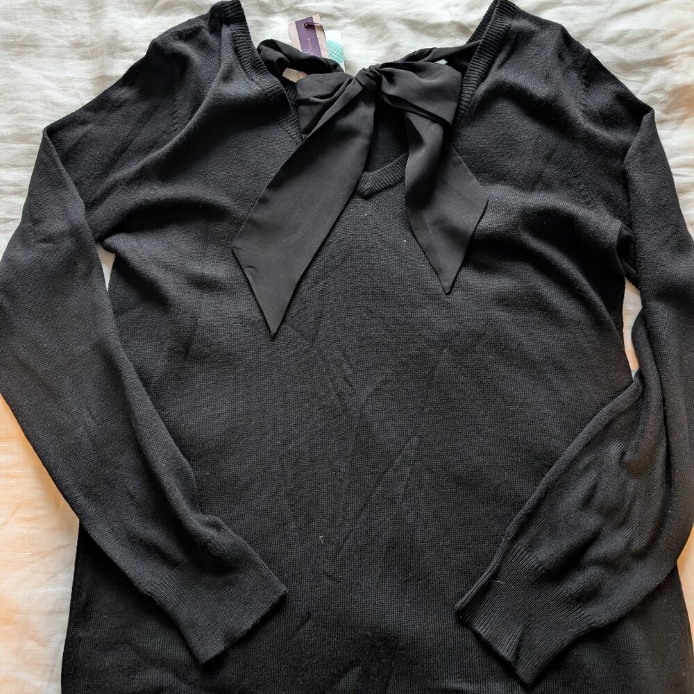 NWT Black Dressy Sweater  • V-Back Bow Detail • Medium Polyester Wool Blend